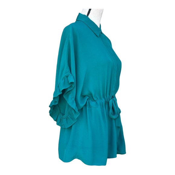 Zara Button Front Shirt Womens Small Tie Around Waist Ruffle Trim Green Loose - Picture 4 of 13